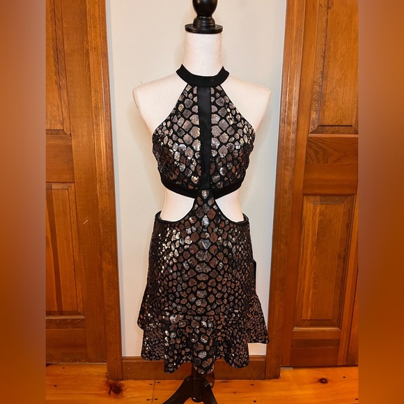 Express NWT Halter Cut out Sequin Mini Dress S Steampunk Whimsigoth Halloween - Picture 1 of 8